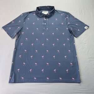 Laguna Polo Shirt Mens Medium Blue Pink Flamingo Print Golf Stretch Performance